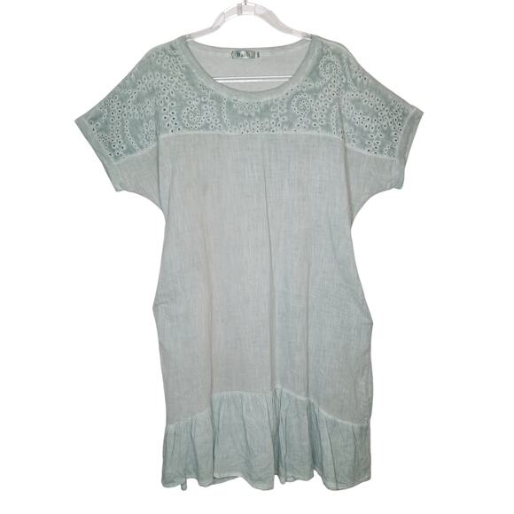 Bai Li Pastel Green Eyelet Embroidered Oversize Dress Womens L/XL Lagenlook Boho - Picture 1 of 14
